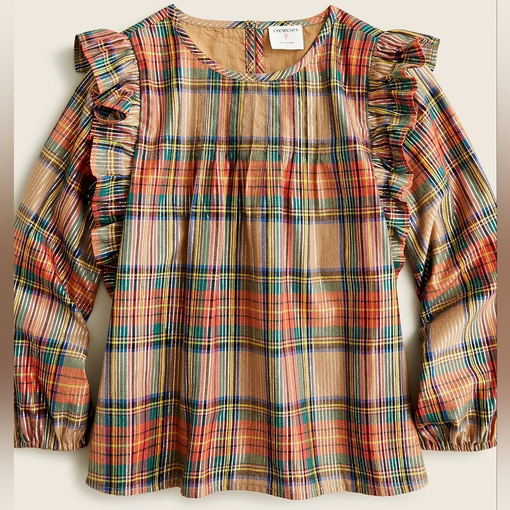 New! Crewcuts sz 6-7 years S Small Girl Ruffle Top Camel Rose Gold Plaid NWT
